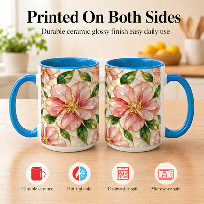 #pl[15oz|Blue] Pink Stained Glass Style Coffee Mug, Floral Art Mug, Ceramic Cup