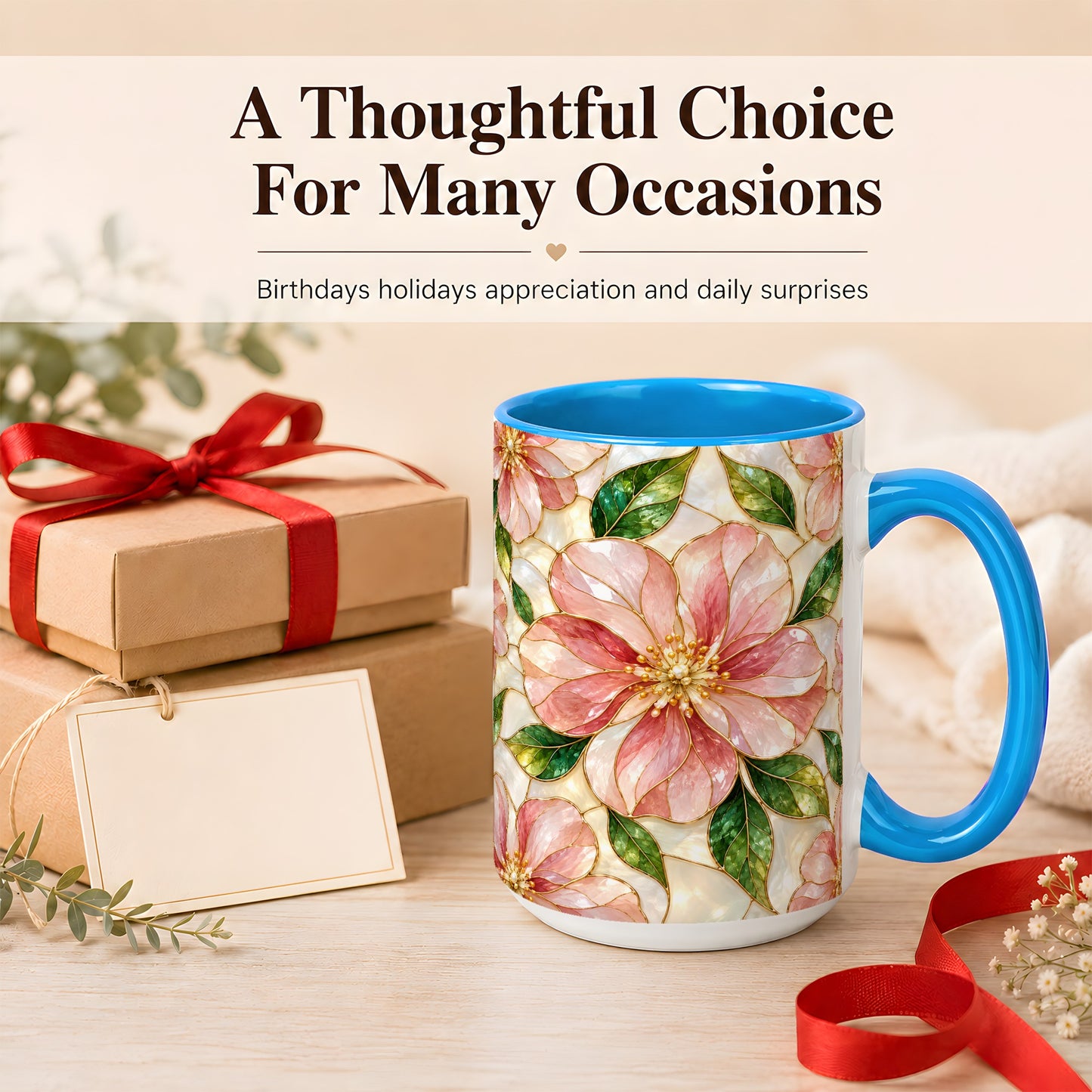 #pl[15oz|Blue] Pink Stained Glass Style Coffee Mug, Floral Art Mug, Ceramic Cup
