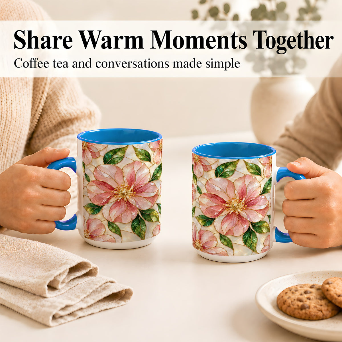 #pl[15oz|Blue] Pink Stained Glass Style Coffee Mug, Floral Art Mug, Ceramic Cup
