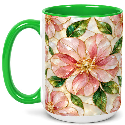 #pl[15oz|Green] Pink Stained Glass Style Coffee Mug, Floral Art Mug, Ceramic Cup