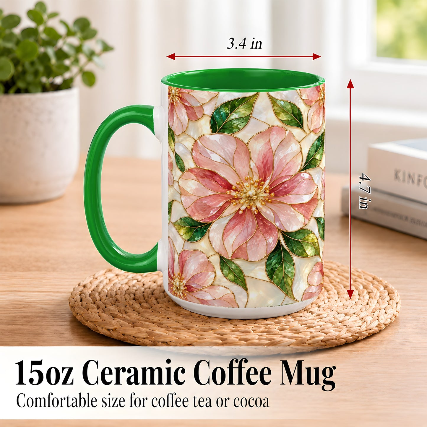 #pl[15oz|Green] Pink Stained Glass Style Coffee Mug, Floral Art Mug, Ceramic Cup