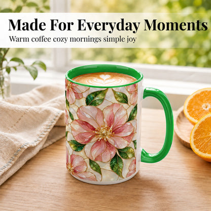 #pl[15oz|Green] Pink Stained Glass Style Coffee Mug, Floral Art Mug, Ceramic Cup