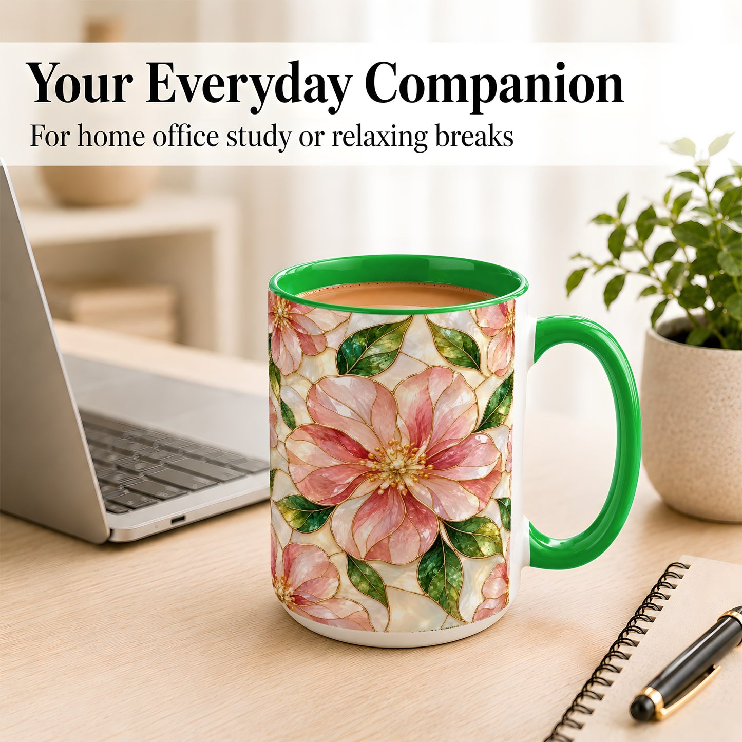 #pl[15oz|Green] Pink Stained Glass Style Coffee Mug, Floral Art Mug, Ceramic Cup