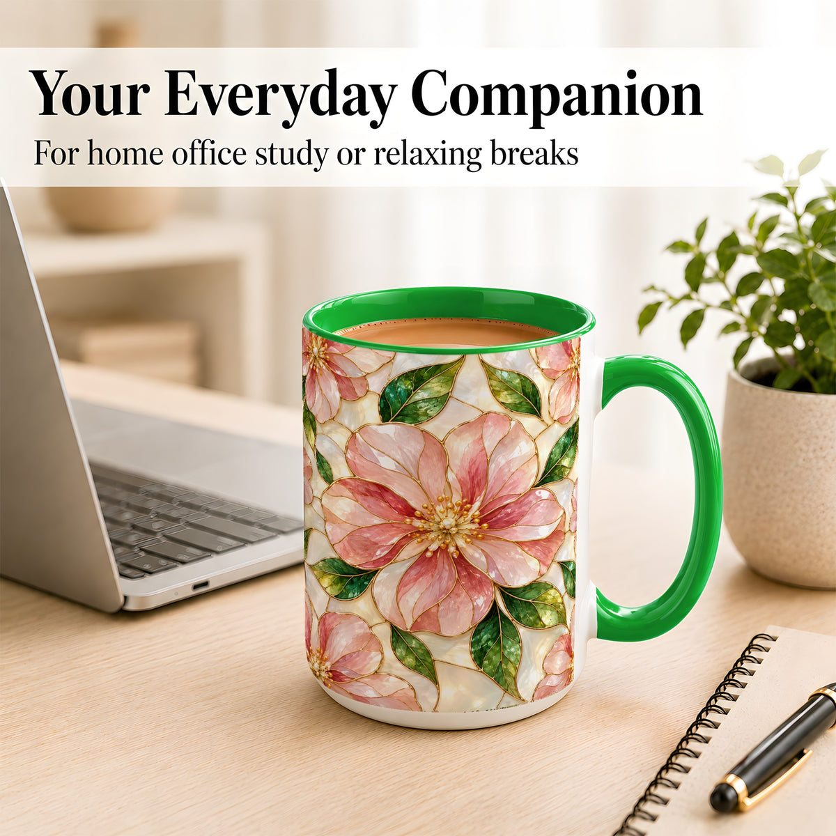 #pl[15oz|Green] Pink Stained Glass Style Coffee Mug, Floral Art Mug, Ceramic Cup