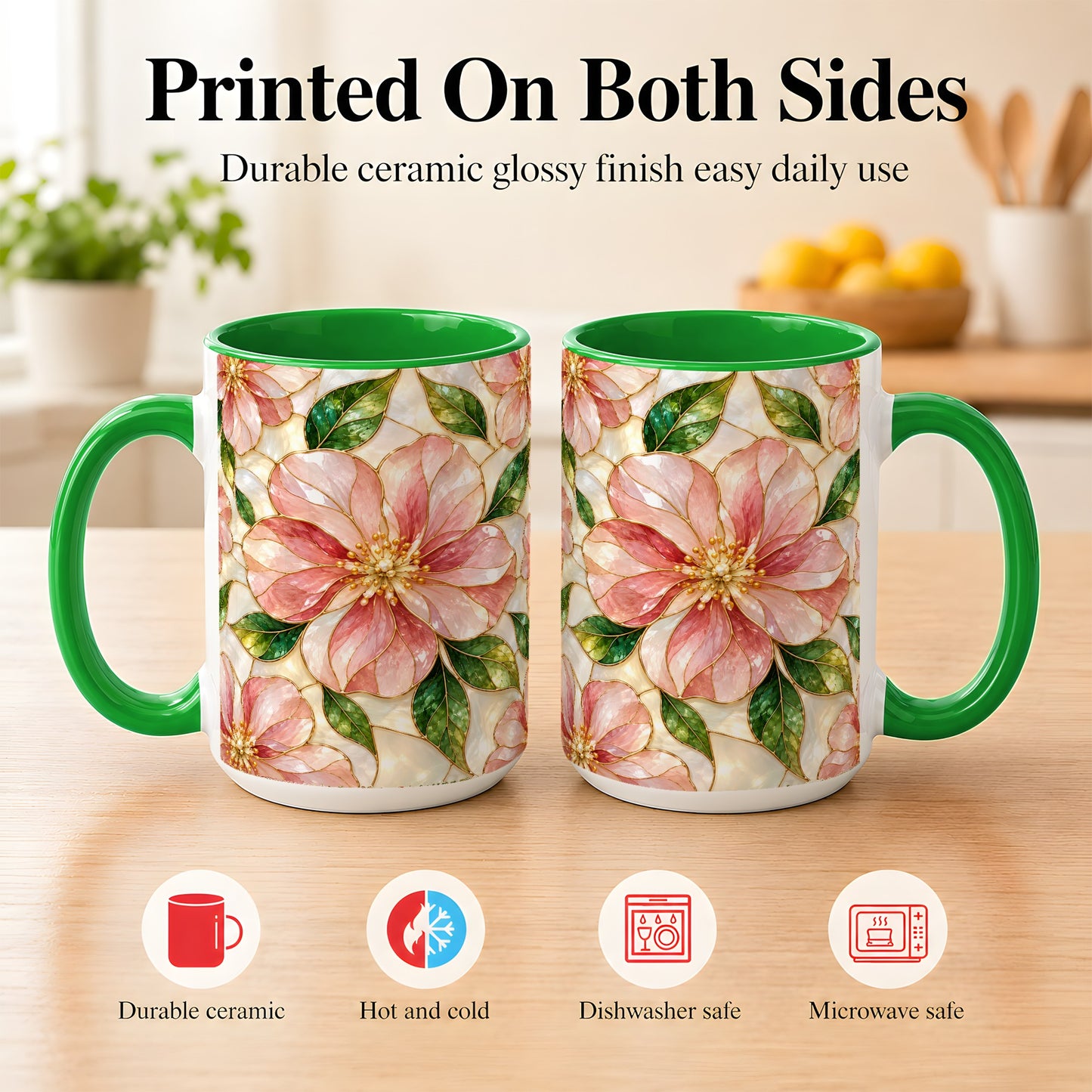 #pl[15oz|Green] Pink Stained Glass Style Coffee Mug, Floral Art Mug, Ceramic Cup