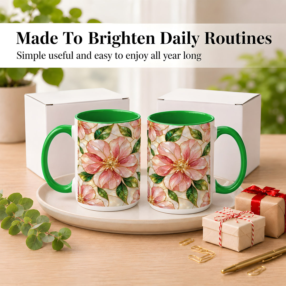 #pl[15oz|Green] Pink Stained Glass Style Coffee Mug, Floral Art Mug, Ceramic Cup