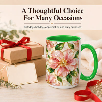 #pl[15oz|Green] Pink Stained Glass Style Coffee Mug, Floral Art Mug, Ceramic Cup