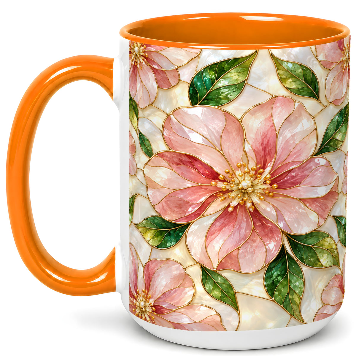 #pl[15oz|Orange] Pink Stained Glass Style Coffee Mug, Floral Art Mug, Ceramic Cup