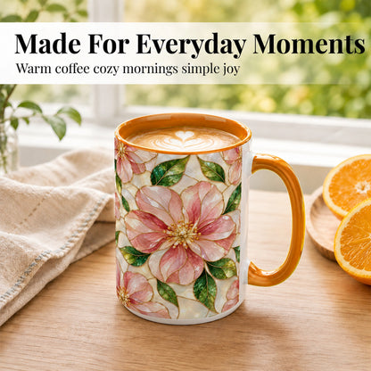 #pl[15oz|Orange] Pink Stained Glass Style Coffee Mug, Floral Art Mug, Ceramic Cup
