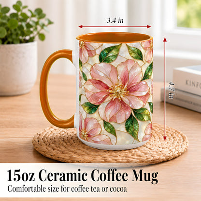 #pl[15oz|Orange] Pink Stained Glass Style Coffee Mug, Floral Art Mug, Ceramic Cup