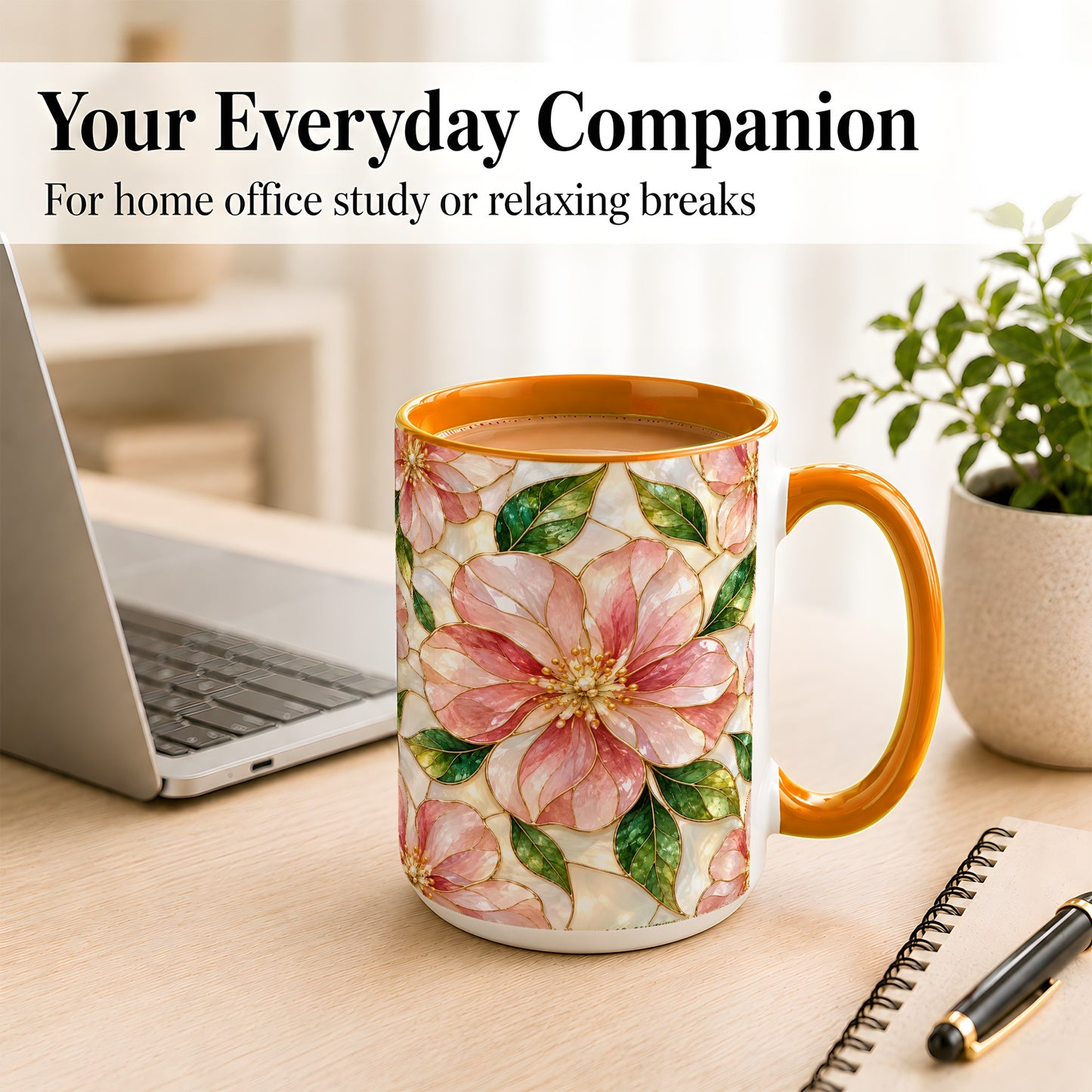 #pl[15oz|Orange] Pink Stained Glass Style Coffee Mug, Floral Art Mug, Ceramic Cup