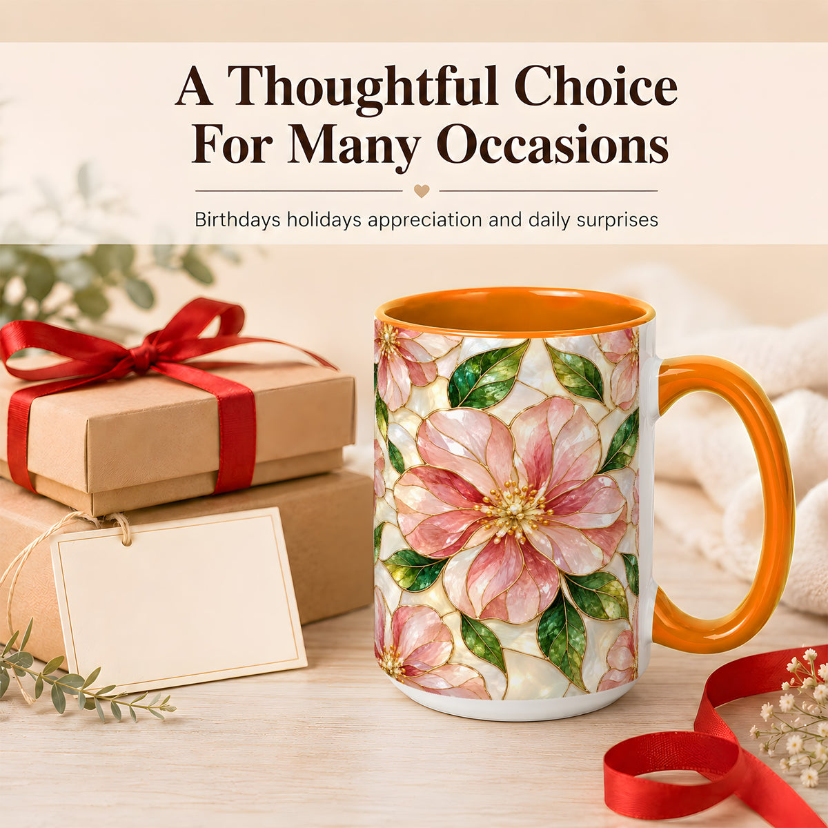 #pl[15oz|Orange] Pink Stained Glass Style Coffee Mug, Floral Art Mug, Ceramic Cup