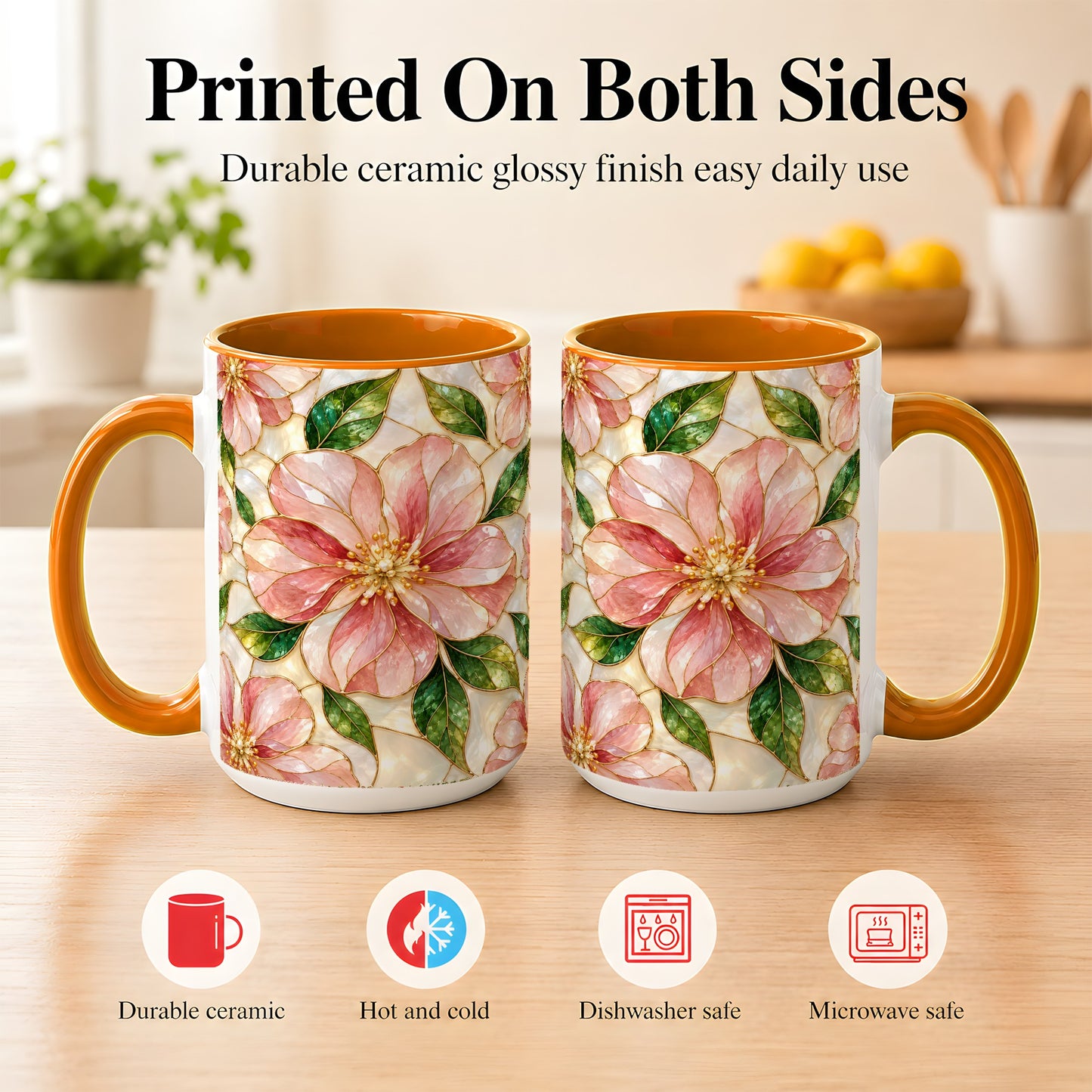 #pl[15oz|Orange] Pink Stained Glass Style Coffee Mug, Floral Art Mug, Ceramic Cup