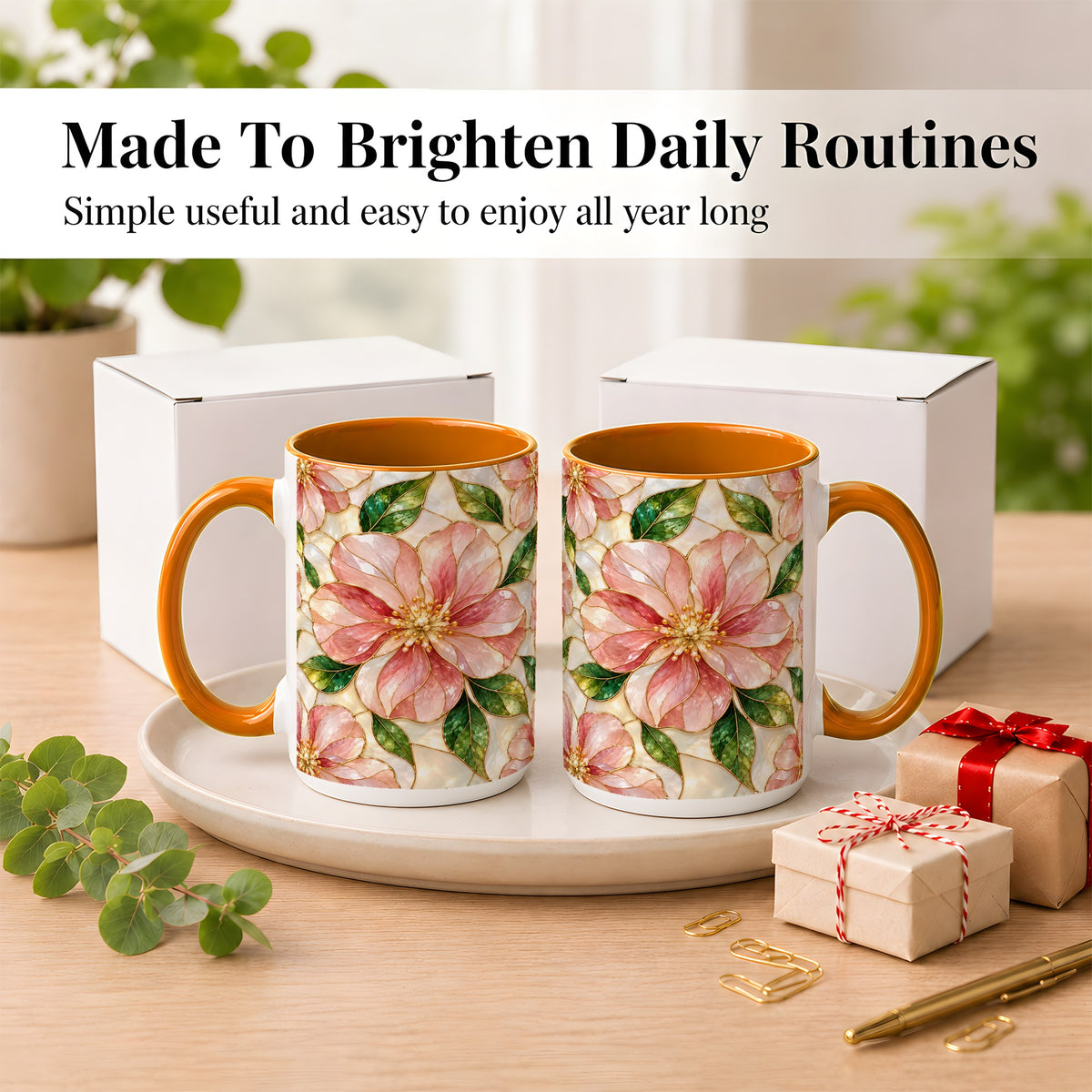 #pl[15oz|Orange] Pink Stained Glass Style Coffee Mug, Floral Art Mug, Ceramic Cup