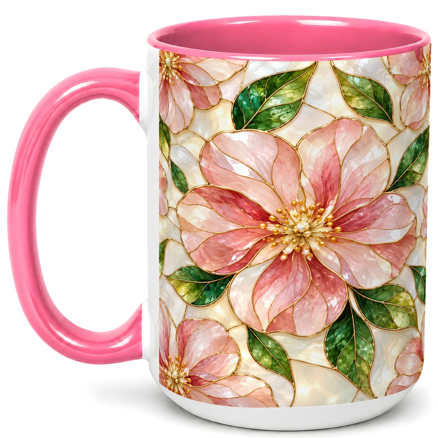 #pl[15oz|Pink] Pink Stained Glass Style Coffee Mug, Floral Art Mug, Ceramic Cup