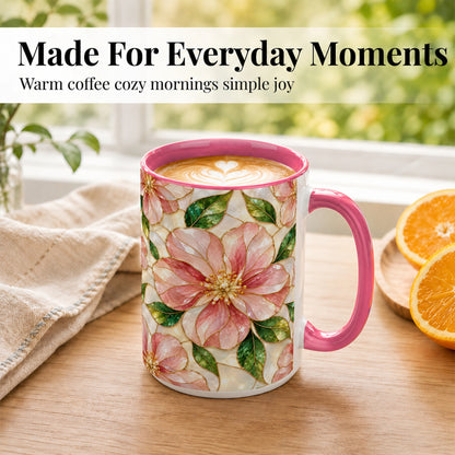 #pl[15oz|Pink] Pink Stained Glass Style Coffee Mug, Floral Art Mug, Ceramic Cup