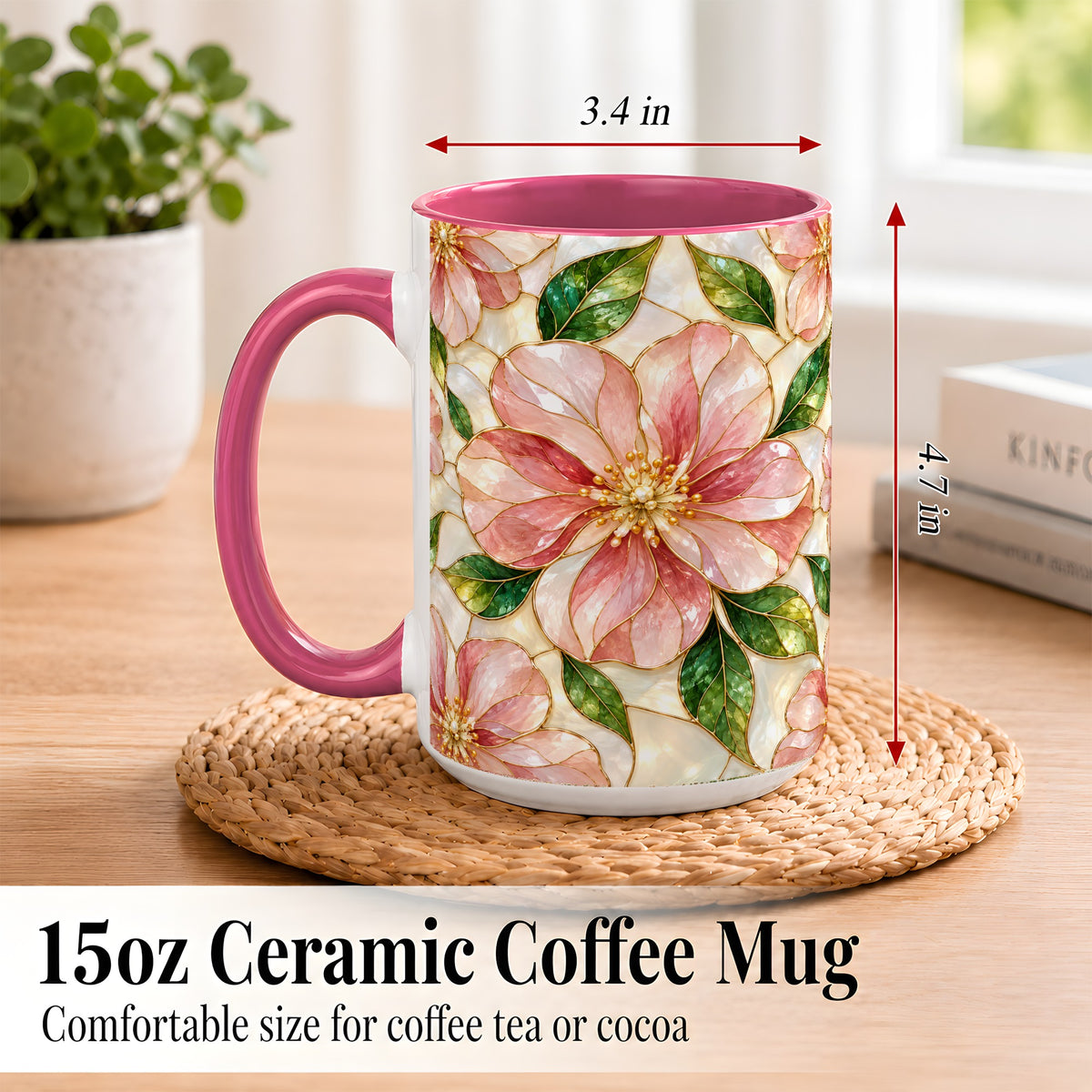 #pl[15oz|Pink] Pink Stained Glass Style Coffee Mug, Floral Art Mug, Ceramic Cup