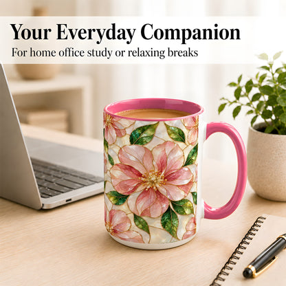 #pl[15oz|Pink] Pink Stained Glass Style Coffee Mug, Floral Art Mug, Ceramic Cup
