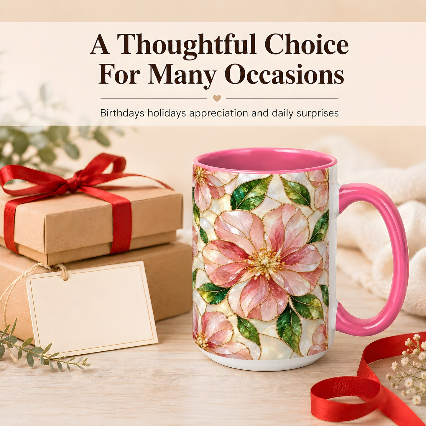 #pl[15oz|Pink] Pink Stained Glass Style Coffee Mug, Floral Art Mug, Ceramic Cup