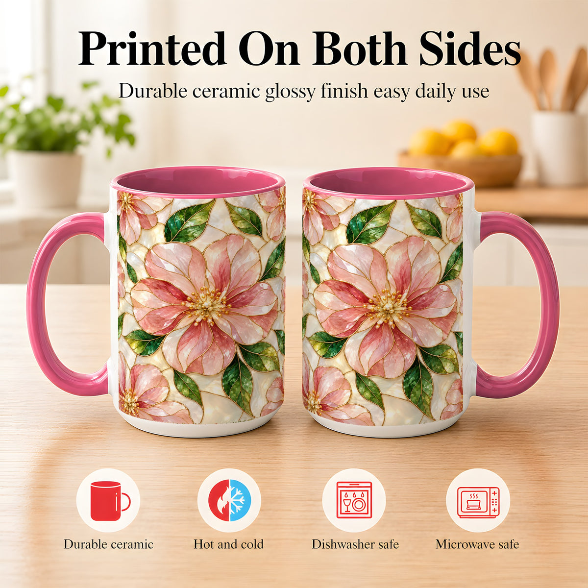 #pl[15oz|Pink] Pink Stained Glass Style Coffee Mug, Floral Art Mug, Ceramic Cup