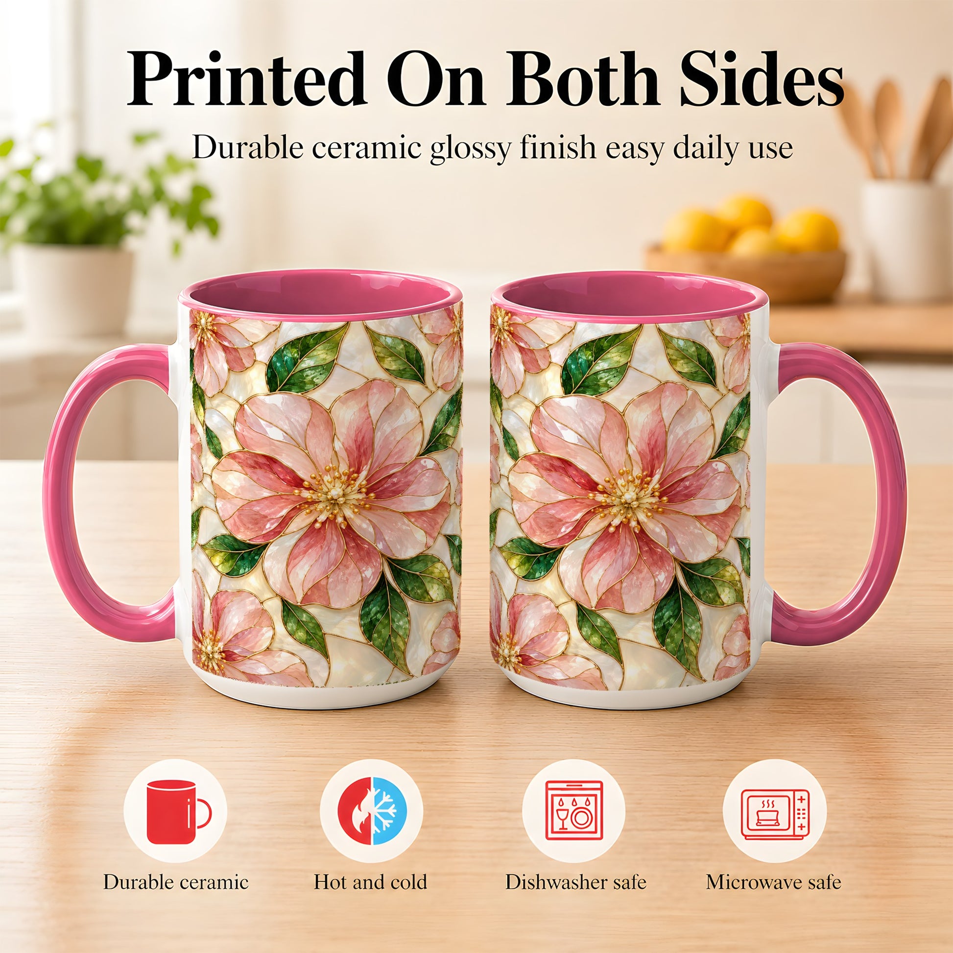 #pl[15oz|Pink] Pink Stained Glass Style Coffee Mug, Floral Art Mug, Ceramic Cup