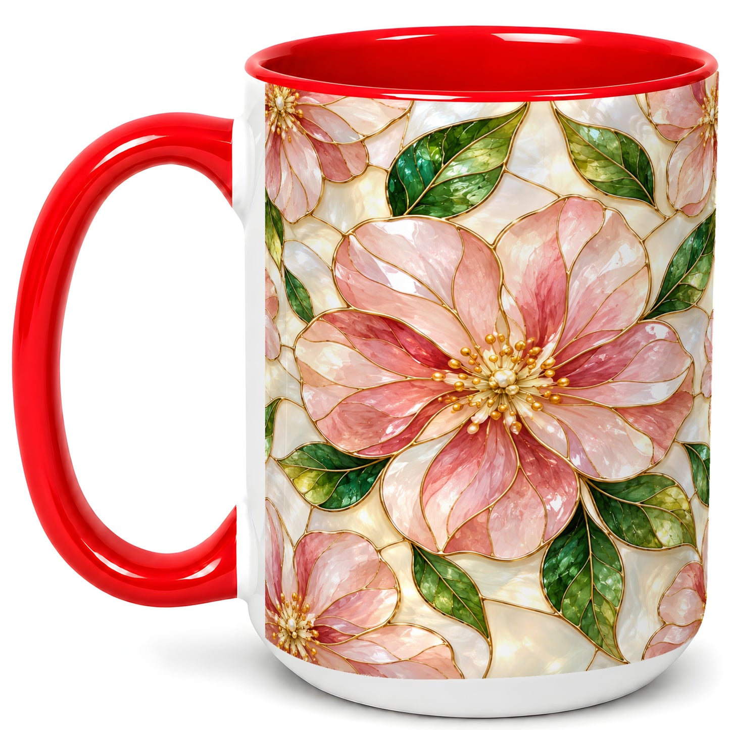 #pl[15oz|Red] Pink Stained Glass Style Coffee Mug, Floral Art Mug, Ceramic Cup