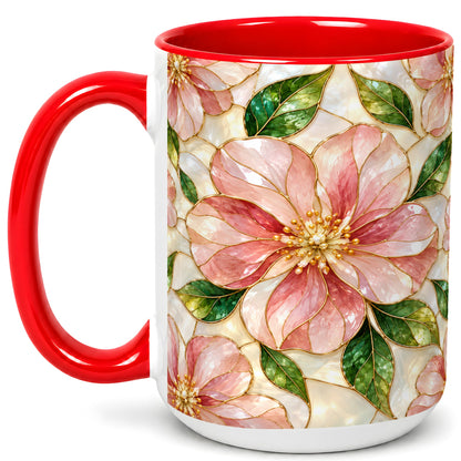 #pl[15oz|Red] Pink Stained Glass Style Coffee Mug, Floral Art Mug, Ceramic Cup