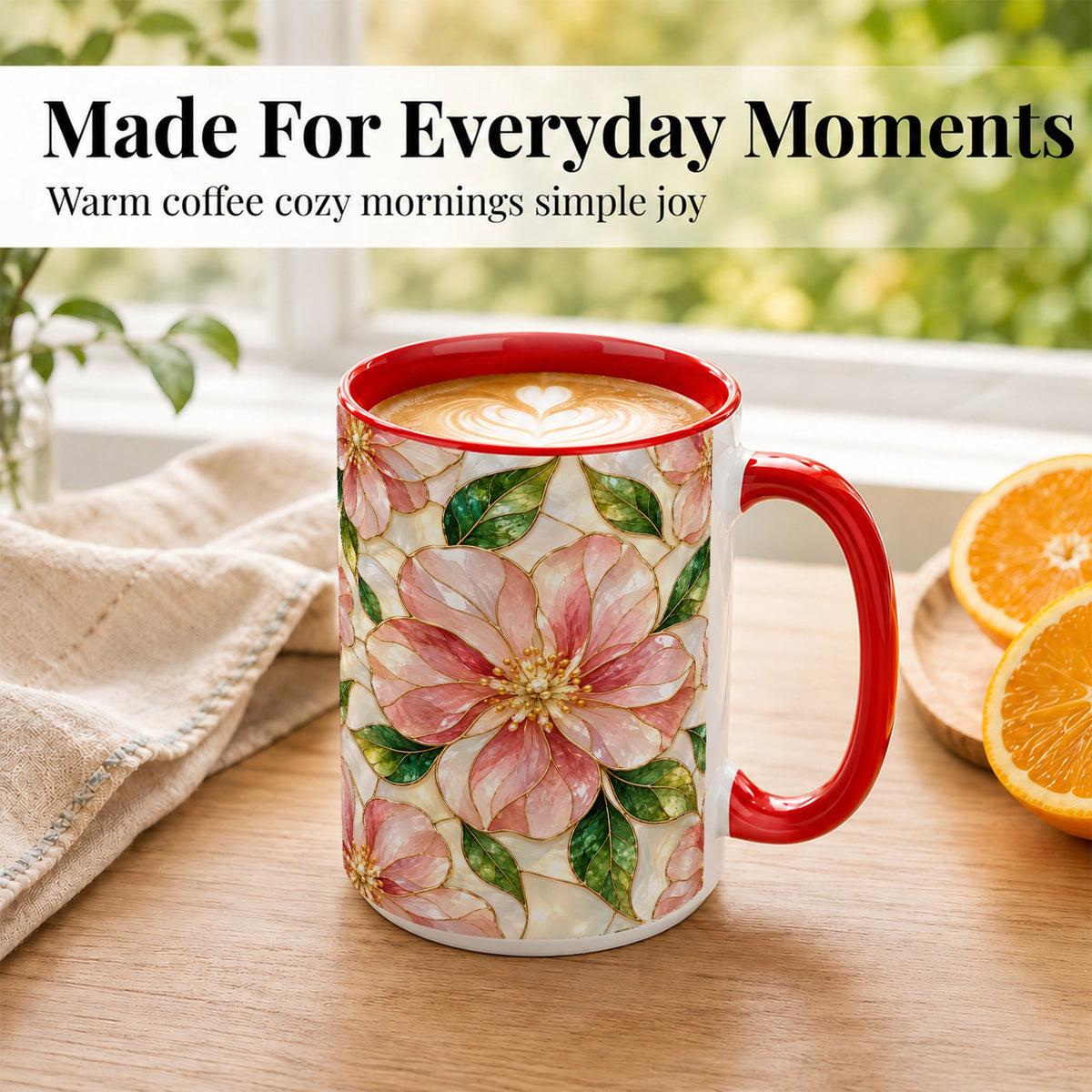 #pl[15oz|Red] Pink Stained Glass Style Coffee Mug, Floral Art Mug, Ceramic Cup