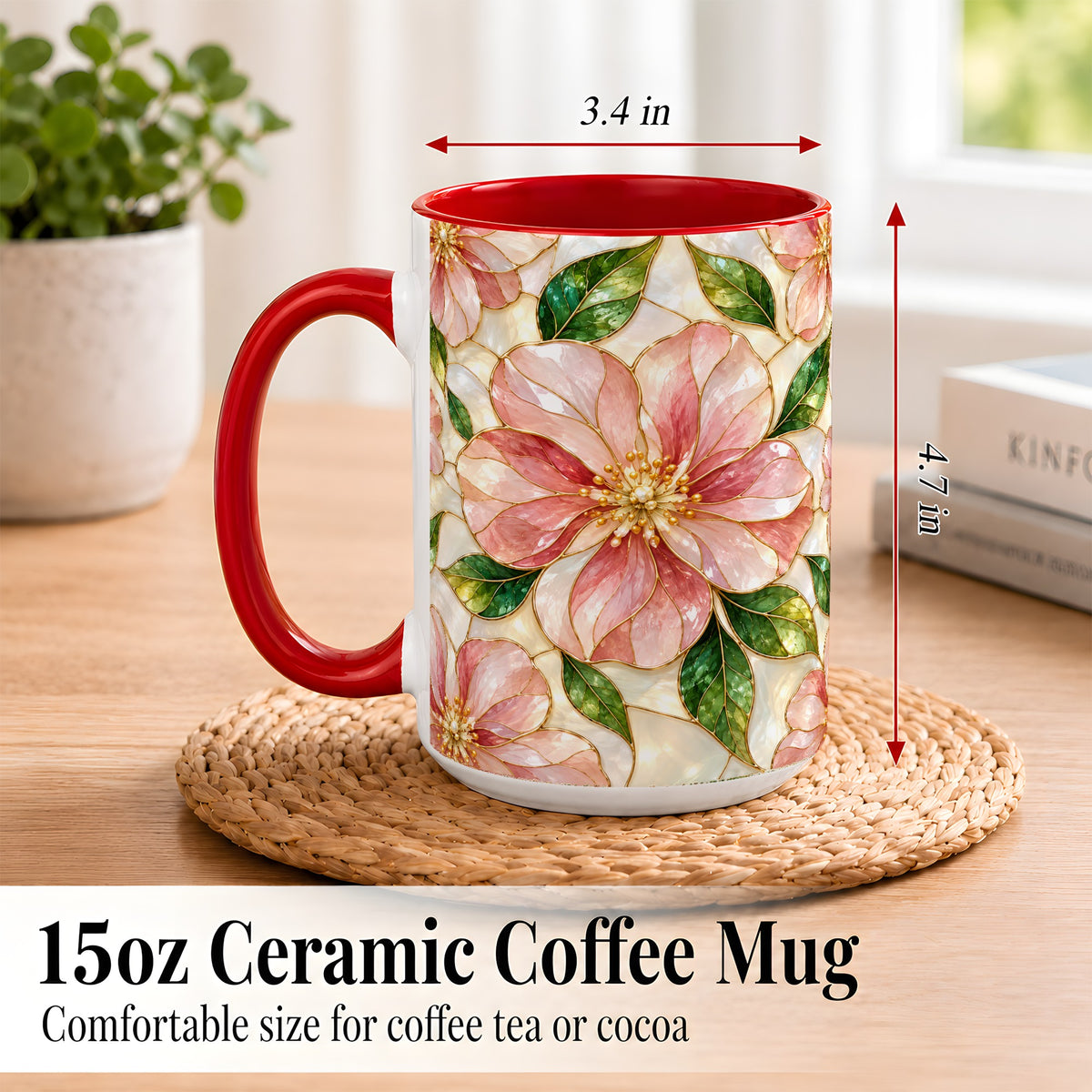 #pl[15oz|Red] Pink Stained Glass Style Coffee Mug, Floral Art Mug, Ceramic Cup