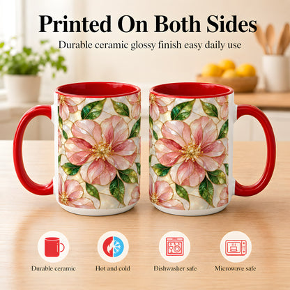 #pl[15oz|Red] Pink Stained Glass Style Coffee Mug, Floral Art Mug, Ceramic Cup