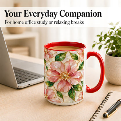#pl[15oz|Red] Pink Stained Glass Style Coffee Mug, Floral Art Mug, Ceramic Cup