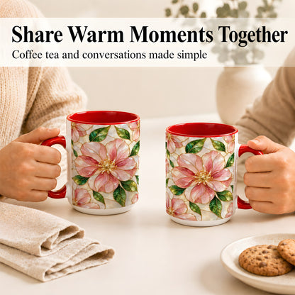 #pl[15oz|Red] Pink Stained Glass Style Coffee Mug, Floral Art Mug, Ceramic Cup