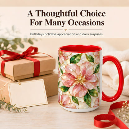 #pl[15oz|Red] Pink Stained Glass Style Coffee Mug, Floral Art Mug, Ceramic Cup