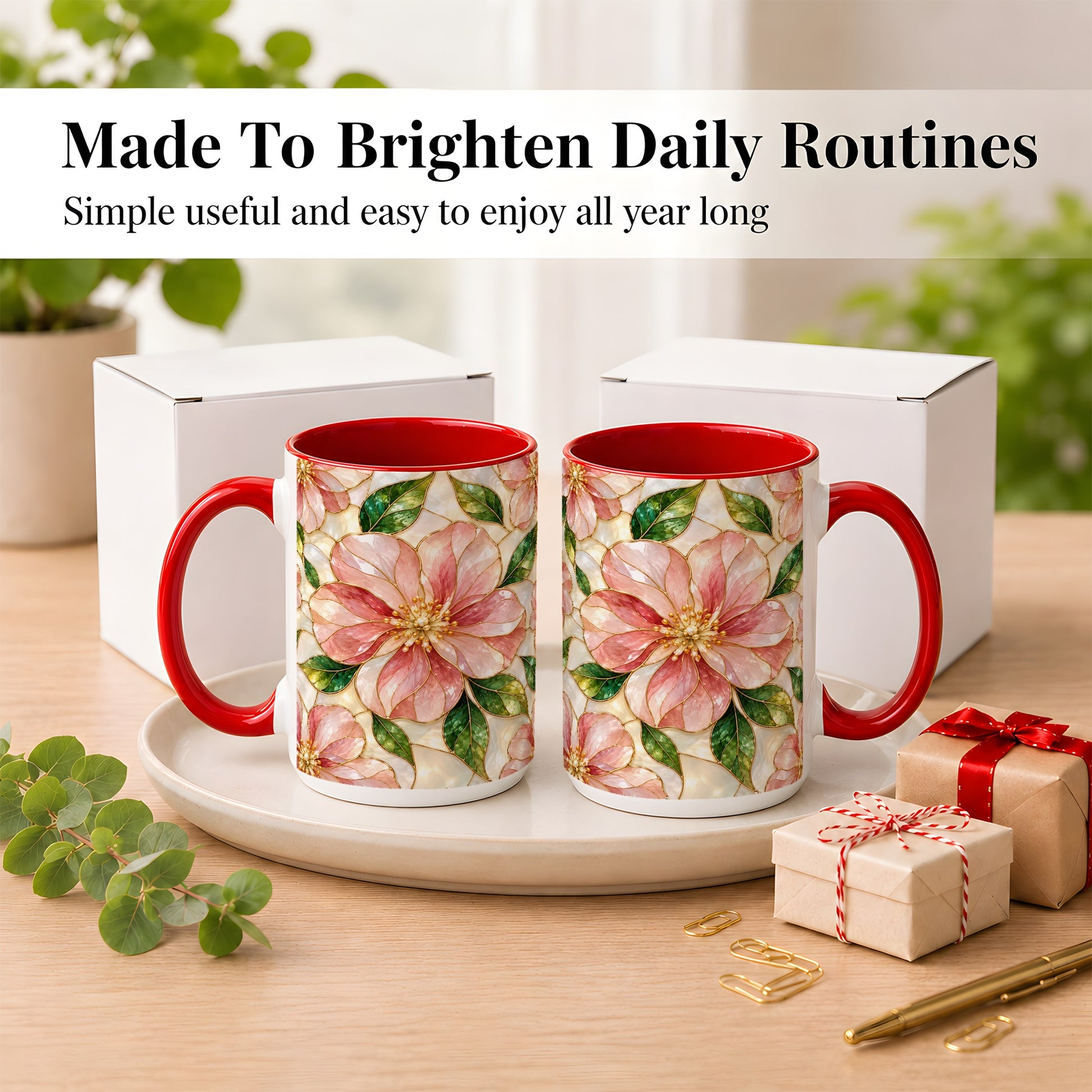 #pl[15oz|Red] Pink Stained Glass Style Coffee Mug, Floral Art Mug, Ceramic Cup