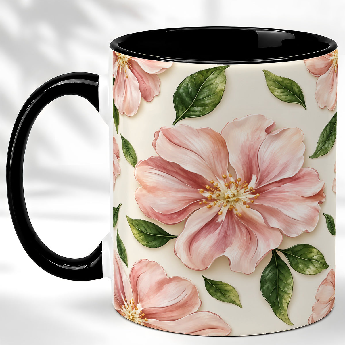 #pl[11oz|Black] Pink Floral Coffee Mug, Botanical Blossom Mug, Ceramic Cup