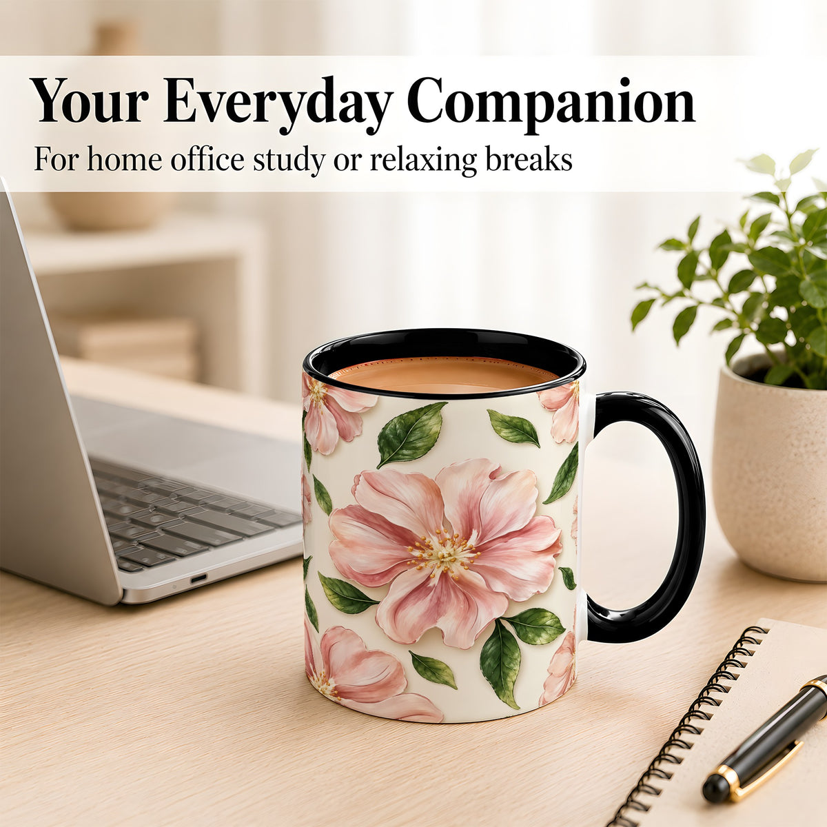 #pl[11oz|Black] Pink Floral Coffee Mug, Botanical Blossom Mug, Ceramic Cup