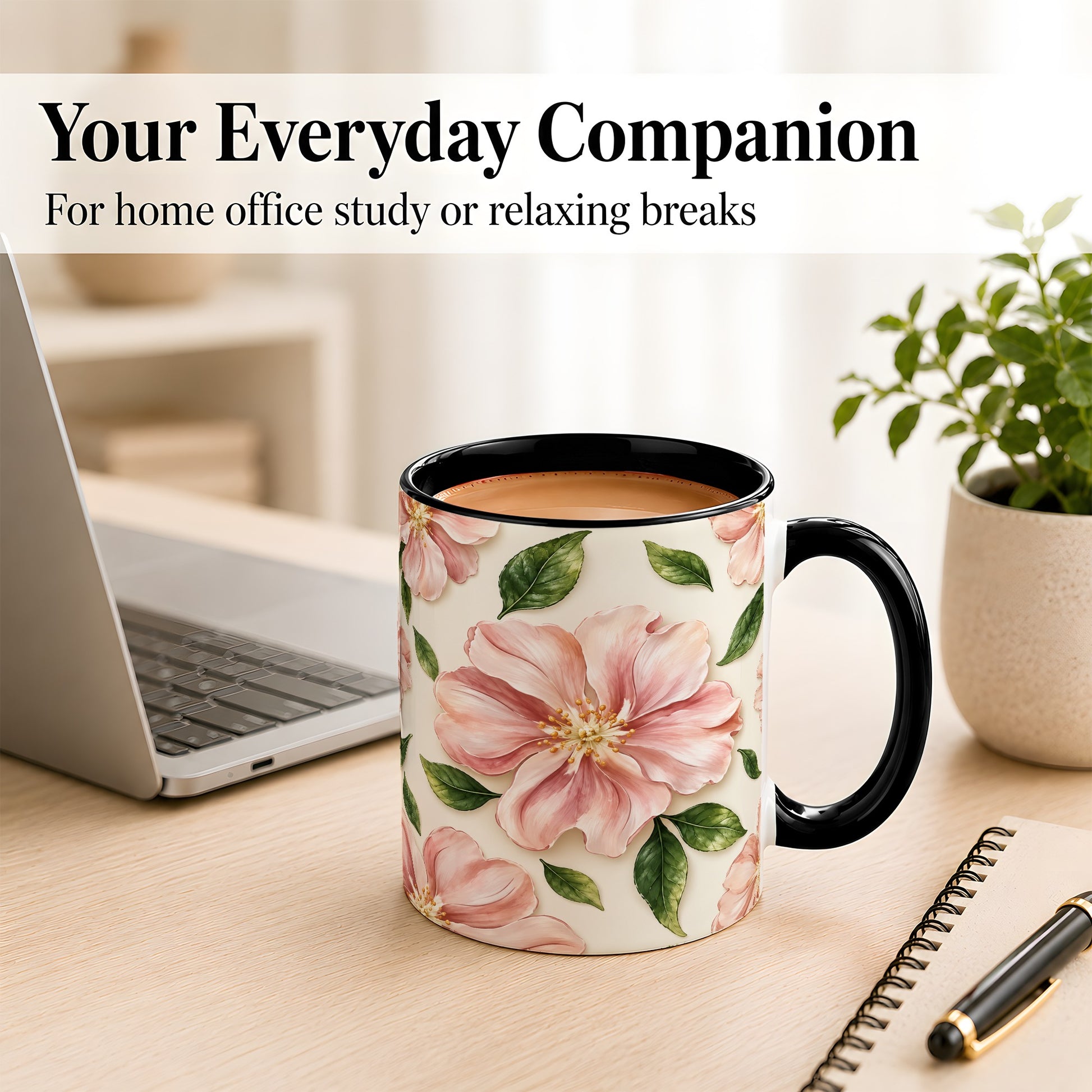 #pl[11oz|Black] Pink Floral Coffee Mug, Botanical Blossom Mug, Ceramic Cup