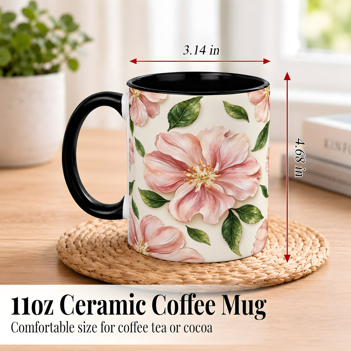 #pl[11oz|Black] Pink Floral Coffee Mug, Botanical Blossom Mug, Ceramic Cup