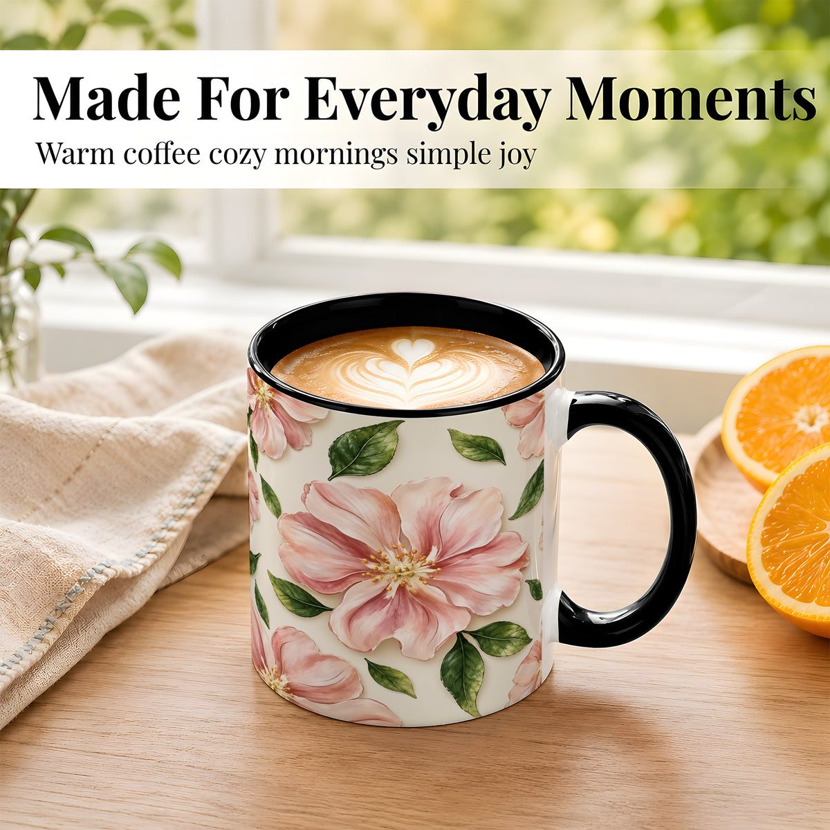 #pl[11oz|Black] Pink Floral Coffee Mug, Botanical Blossom Mug, Ceramic Cup