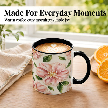 #pl[11oz|Black] Pink Floral Coffee Mug, Botanical Blossom Mug, Ceramic Cup