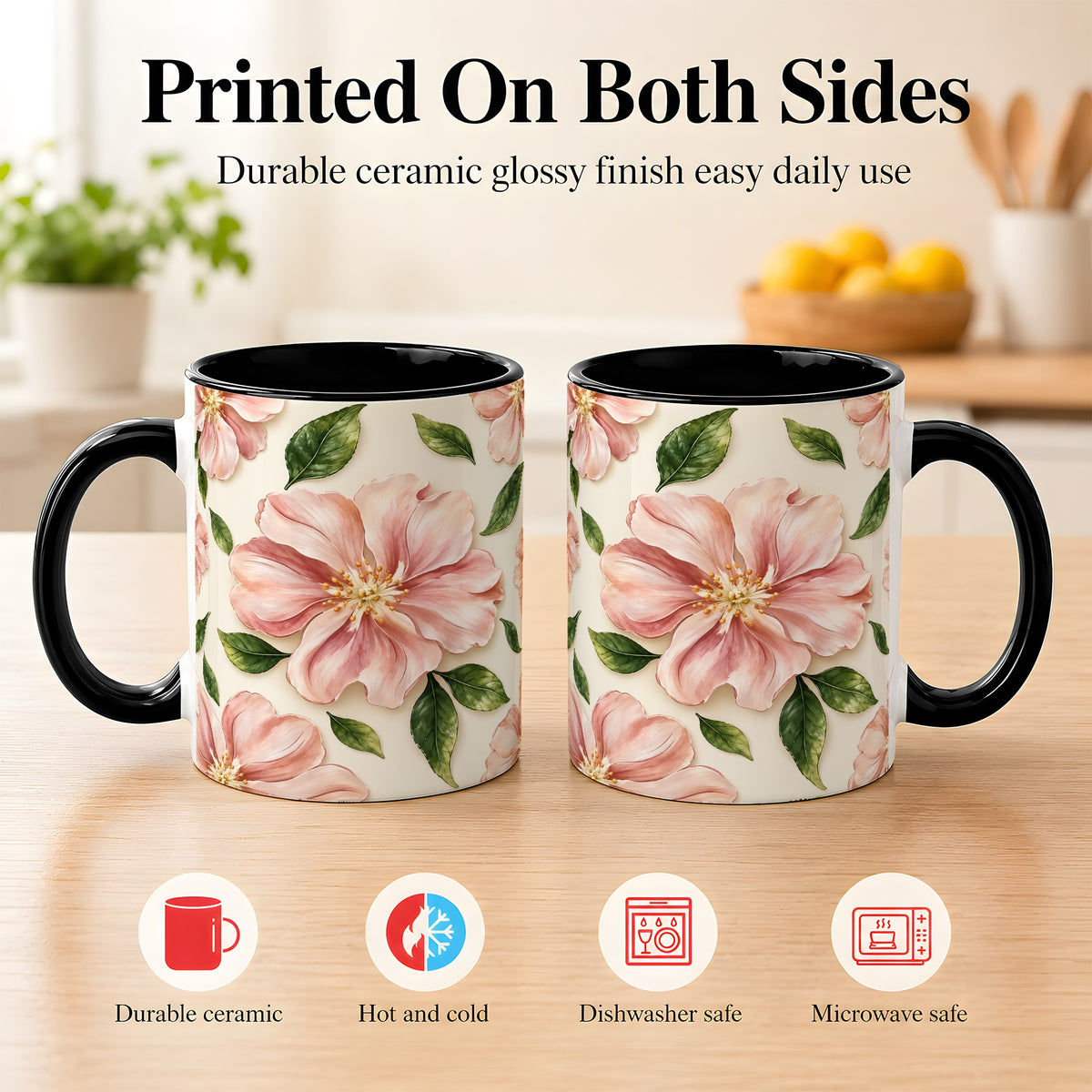 #pl[11oz|Black] Pink Floral Coffee Mug, Botanical Blossom Mug, Ceramic Cup