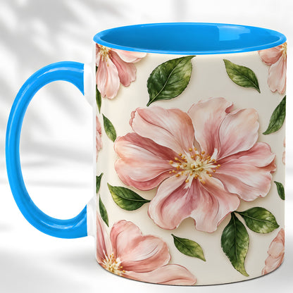 #pl[11oz|Blue] Pink Floral Coffee Mug, Botanical Blossom Mug, Ceramic Cup