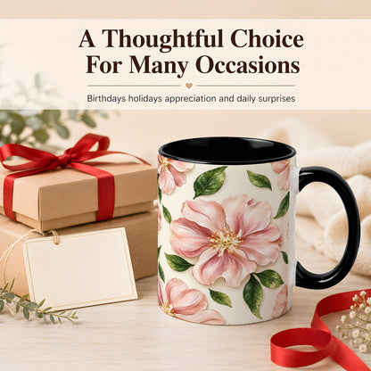 #pl[11oz|Black] Pink Floral Coffee Mug, Botanical Blossom Mug, Ceramic Cup