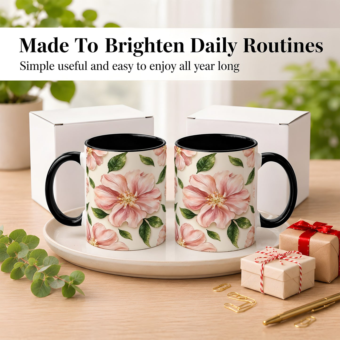 #pl[11oz|Black] Pink Floral Coffee Mug, Botanical Blossom Mug, Ceramic Cup