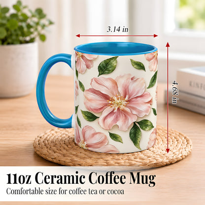 #pl[11oz|Blue] Pink Floral Coffee Mug, Botanical Blossom Mug, Ceramic Cup