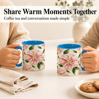 #pl[11oz|Blue] Pink Floral Coffee Mug, Botanical Blossom Mug, Ceramic Cup