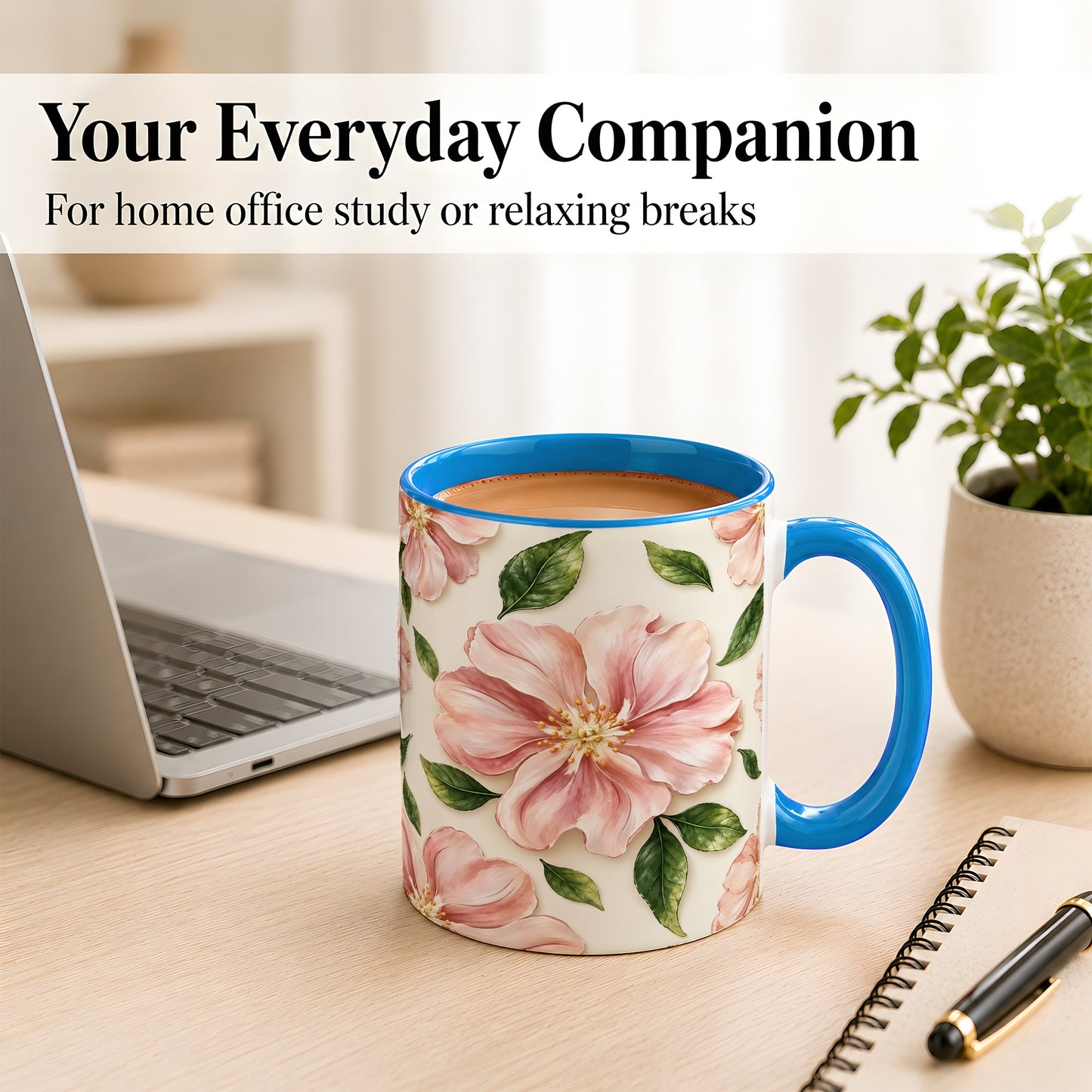 #pl[11oz|Blue] Pink Floral Coffee Mug, Botanical Blossom Mug, Ceramic Cup