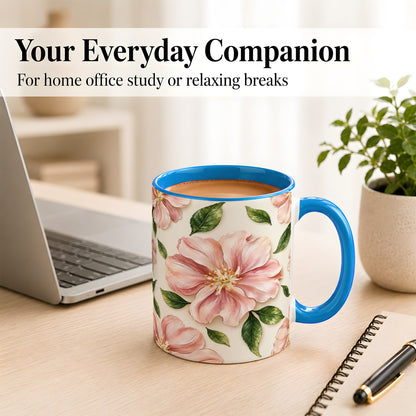 #pl[11oz|Blue] Pink Floral Coffee Mug, Botanical Blossom Mug, Ceramic Cup