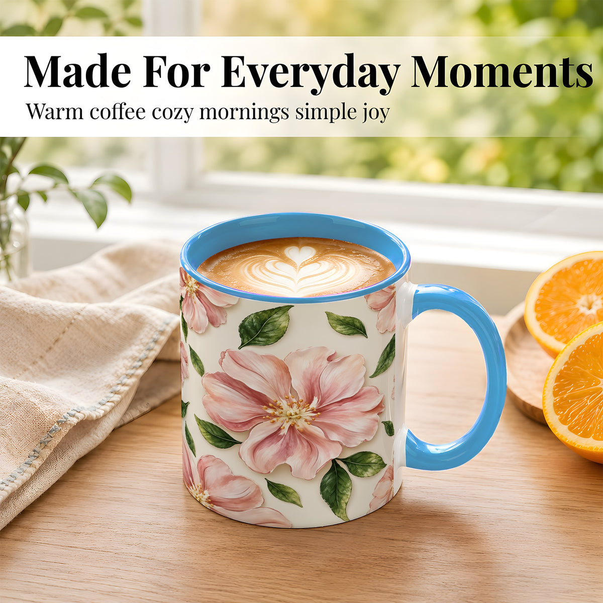 #pl[11oz|Blue] Pink Floral Coffee Mug, Botanical Blossom Mug, Ceramic Cup