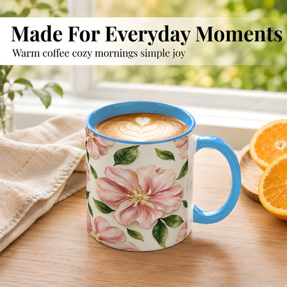 #pl[11oz|Blue] Pink Floral Coffee Mug, Botanical Blossom Mug, Ceramic Cup